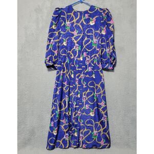 Vintage Terri Ellen Dress Size‎ 12 Purple Gold Floral Pleated Puffer Sleeves